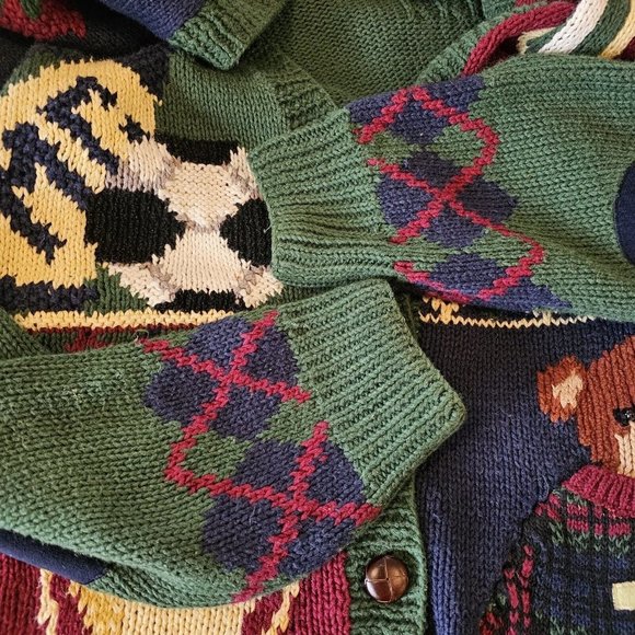 90s Teddy Bear Cardigan Sweater Sports M/L Handknit Football Soccer Cheerleader - Picture 6 of 11